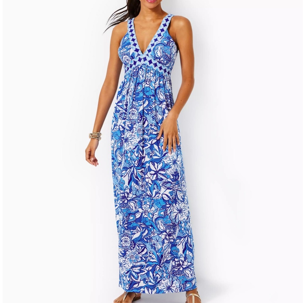 🌸NWT Lilly Pulitzer Serena V Neck Maxi Size10 Blue Tang Flocking Fabulous